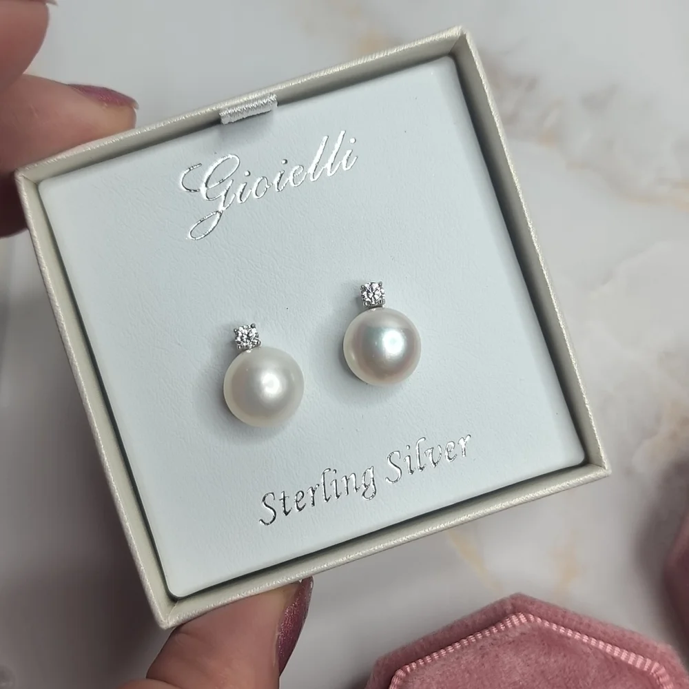 Pearl earrings sterling silver diamond accent